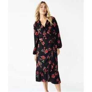 Draper James RSVP Ruffle Midi Wrap Dress Black Red‎ Floral Sz 3X Long Sleeve